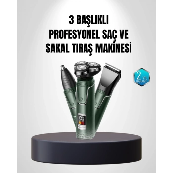 3D Akıllı Kesim Teknolojili Şarjlı Tıraş Seti – 3 Başlıklı, Paslanmaz Çelik Bıçaklı