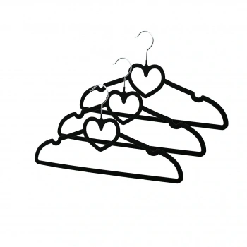 3PCS SİYAH KADİFE KAPLI - KALPLİ PLASTİK ASKI METAL UÇLU (5324)