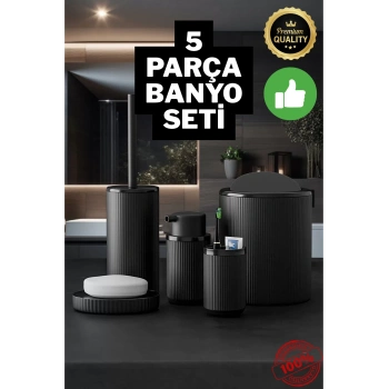5 Parça Siyah Çizgili Yuvarlak 5li Eco Banyo Seti Çöp Kovası Tuvalet Fırçası Sabunluk Diş Fırçalık