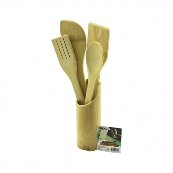 5PCS AHŞAP BAMBU MUTFAK SETİ STAND - KAŞIK - ÇATAL - 2 SPATULA FİLELİ (5324)