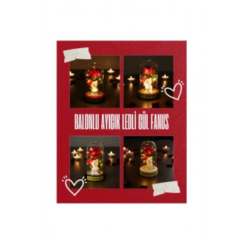 Balonlu Ayıcık Ledli Gül Fanus