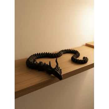 Hareketli Siyah Ejderha Figür Uzun Gövdeli Fantastik Masa ve Raf Dekoru