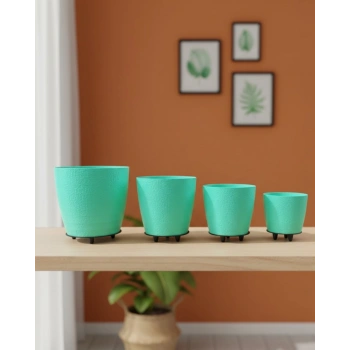4’lü 3D Yeşil Dekoratif Vazo Seti Modern Ayaklı Şık Saksı Takımı