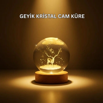 USB Bağlantılı Geyik Temalı Kristal Küre Premium Masa Gece Lambası