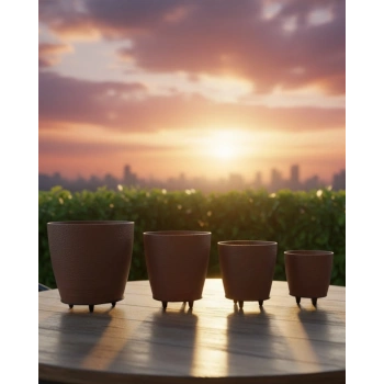 4’lü 3D Kahverengi Ayaklı Dekoratif Saksı Takımı Modern Tasarım