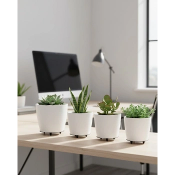 4’lü 3D Beyaz Minimal Dekoratif Vazo Ayaklı Saksı Takımı