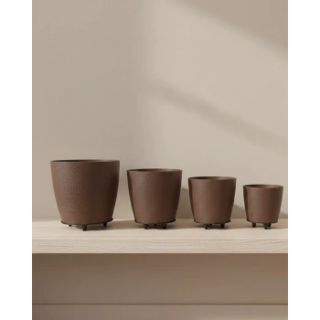 4’lü 3D Kahverengi Dekoratif Vazo Seti Modern Ayaklı Şık Saksı Takımı