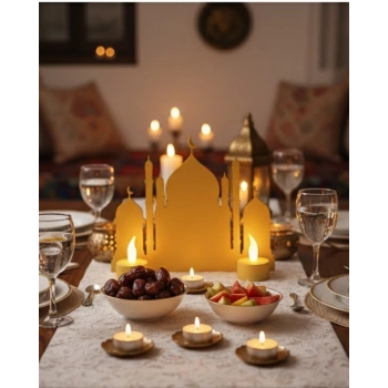 3D İki Mumlu Cami Dekor 2 Pilli LED Mum Hediyeli Masa Üstü Süs