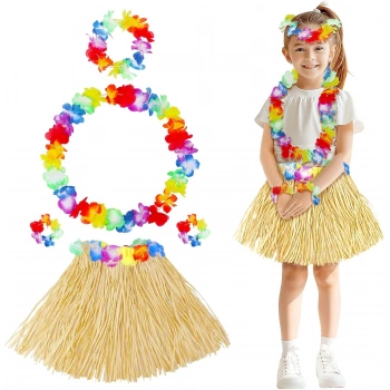 Yetişkin Çocuk Hawaii Parti Seti - 40 cm Naturel Etek + Çiçek Aksesuarlar (5 Parça) (5324)