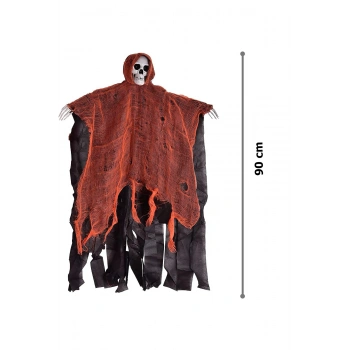 Led Işıklı Kahkaha Atan Sesli Sensörlü Ürpertici Kuru Kafa Korku Hayalet Saçaklı Dekor 90x50 cm (532