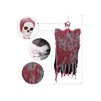 Led Işıklı Kahkaha Atan Sesli Sensörlü Ürpertici Kuru Kafa Kanlı Korku Hayalet Saçaklı Dekor 90x50 c