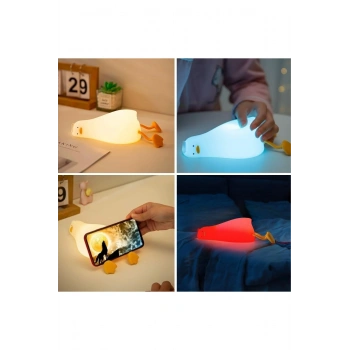 5 Farklı Renk Modlu Tembel Ördek Figürlü Pofuduk LED Gece Lambası–Yumuşak Dokulu Çocuk Odası ve Deko