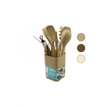 11PCS+KOVA SİLİKON MUTFAK SETİ BAMBU SAP 3-KAŞIK- 3-SPATULA- 1-KEVGİR- 1-KEPÇE- 1-MAŞA- 1-ÇRPC- 1-FR