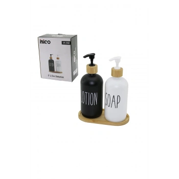 2Lİ SET CAM SIVI SABUNLUK - LOSYONLUK 2X500MLBOYALI CAM=SİYAH-BEYAZ AHŞAP BAMBU ALTLIK - KAPAK (5324