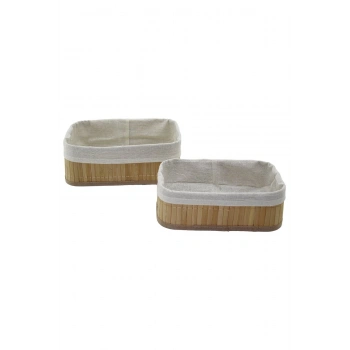 2Lİ DİKDÖRTGEN BAMBU KENAR ORGANİZER SEPET AHŞAP ALTLIK - BEZLİ 19X27X10CM - 15X24X8CM (5324)