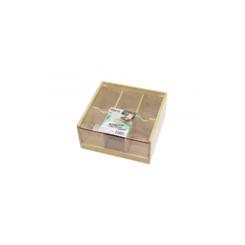 AHŞAP BAMBU 6 BÖLMELİ POŞET ÇAY KUTUSU MİKA PLASTİK KAPAK 21X20X10CM (5324)