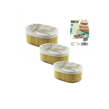 3 BOY OVAL BAMBU KENAR ORGANİZER SEPET AHŞAP ALTLIK - BEZLİ 13X22-16X26-20X30CM (5324)