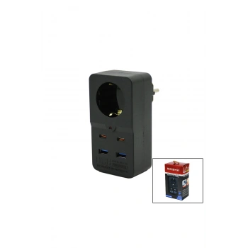 TERMAL AKIM KORUMALI 1XPRİZ 2X USB 2X TYPE-C DUVAR TİPİ PRİZ SİYAH 10A - 2500W (5324)