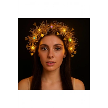 Kalp Püsküllü Gece Parıltısı 3 Modlu LED'li Işıklı Taç Altın Renk (5324)