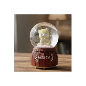 Pilli Işıklı Müzikli Kar Küresi–Şanslı Kedi Figürlü Eğlenceli Masaüstü Biblo, LED Aydınlatmalı Dekor