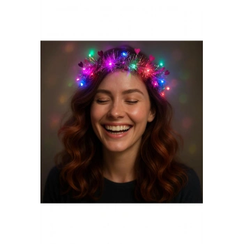 Kalp Püsküllü Gece Parıltısı 3 Modlu LED'li Işıklı Taç Fuşya Renk (5324)