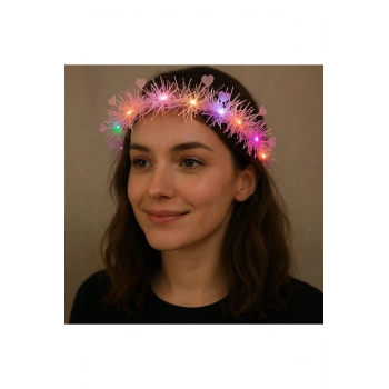 Kalp Püsküllü Gece Parıltısı 3 Modlu LED'li Işıklı Taç Pembe Renk (5324)