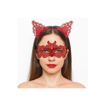 Ateş Kırmızısı Dantel Taç ve Maske Seti 10 No - Maskeli Balo &amp; Özel Gün Seti (5324)