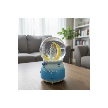 Pilli Işıklı Müzikli Kar Küresi–Hilal Ay Figürlü Romantik Masaüstü Biblo, LED Aydınlatmalı Dekoratif