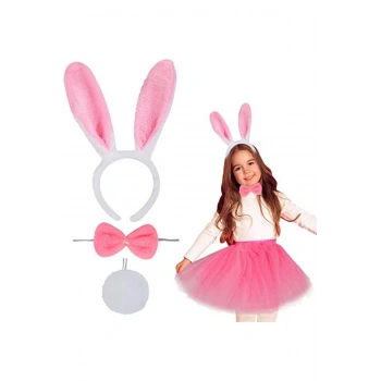 Tavşan Tacı Eteği Papyonu ve Kuyruk Kostüm Seti Pembe Renk Çocuk Boy (5324)