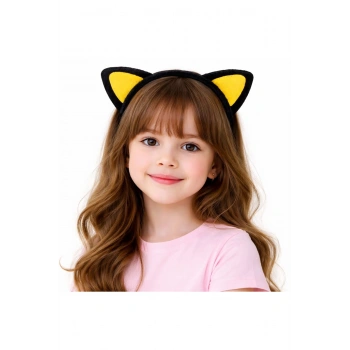 Peluş Kedi Kulak Taç Sarı Siyah – Çocuk Parti &amp; Kostüm Tacı (5324)