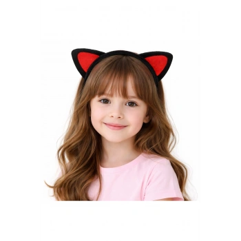 Peluş Kedi Kulak Taç Kırmızı Siyah – Çocuk Parti &amp; Kostüm Tacı (5324)