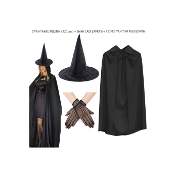 120 cm Siyah Yakalı Cadı Pelerini Cadı Şapkası ve 1 Çift Siyah Kısa File Tüm Eldiven Seti 3 Parça (5