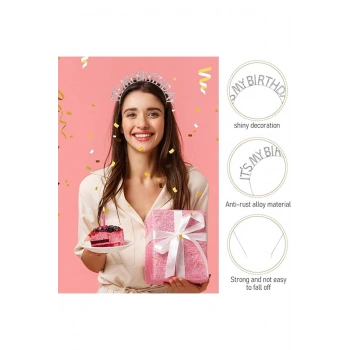 Kristal Taşlı Gümüş Renk İt's My Birthday Yazılı Doğum Günü Parti Tacı 14x16 cm (5324)