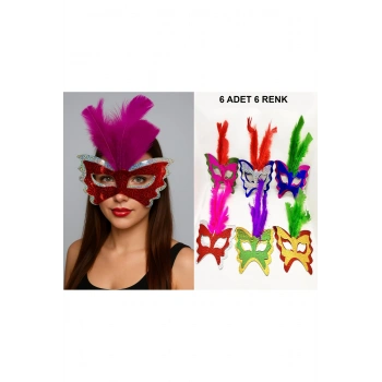 Renkli Parti Maskesi 6'lı | Tüylü Karton Maske Seti (Lastikli) (5324)