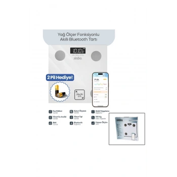BEYAZ YAĞ ÖLÇER AKILLI BLUETOOTH CAM BASKÜL PİLLİ 180KG/50GR 26X26CM 8-KİŞİ HAFIZA LCD EKRAN ℃ GÖSTE