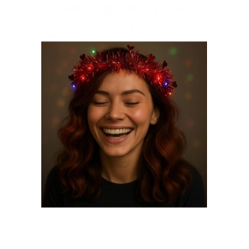 Kalp Püsküllü Gece Parıltısı 3 Modlu LED'li Işıklı Taç Kırmızı Renk (5324)