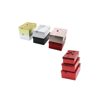 3PCS D.DÖRTGEN PARLAK MİX RENKLİ - KABARTMA DESEN KARTON HEDİYE KUTUSU KURDELALI 22.5X15.5-20.5X13.5