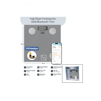 GRİ YAĞ ÖLÇER AKILLI BLUETOOTH CAM BASKÜL PİLLİ 180KG/50GR 28X28CM 8-KİŞİ HAFIZA LCD EKRAN ℃ GÖSTERG