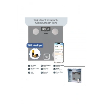GRİ YAĞ ÖLÇER AKILLI BLUETOOTH CAM BASKÜL PİLLİ 180KG/50GR 26X26CM 8-KİŞİ HAFIZA LCD EKRAN ℃ GÖSTERG