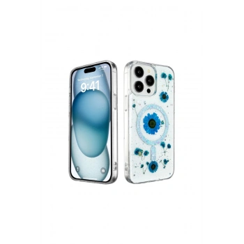 İphone 15 Pro Max Kılıf Daisy Simli Magsafe Kapak - Mavi