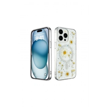 İphone 14 Pro Max Kılıf Daisy Simli Magsafe Kapak - Gümüş