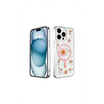 İphone 15 Pro Max Kılıf Daisy Simli Magsafe Kapak - Pembe