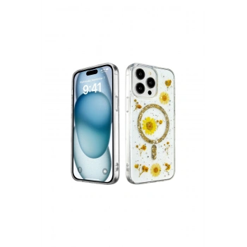 İphone 15 Pro Max Kılıf Daisy Simli Magsafe Kapak - Gold