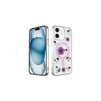 İphone 12 Kılıf Daisy Simli Magsafe Kapak - Mor