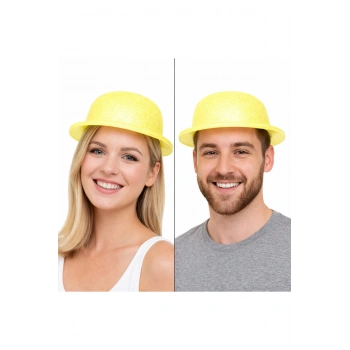 Sarı Simli Melon Şapka | İnce Plastik Glitter Yetişkin Parti Şapkası