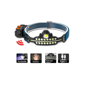 Fithome W690 7 Aydınlatma Modlu Xpe Cob Led Sensörlü Dahili Pilli Usb Şarj Edilebilir Kafa Feneri