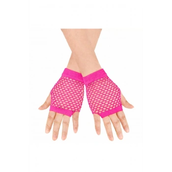 80’ler 90’lar Retro Neon Fuşya Şeker Pembesi File Parmaksız Kısa Eldiven 11 Cm