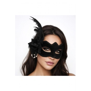 Beyaz İnci Detaylı Siyah Süet Venedik Kadın Maskesi Tüylü Güllü