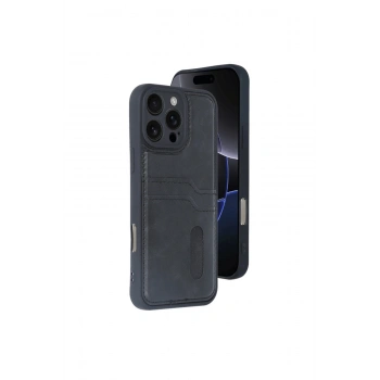 İphone 16 Pro Kılıf Sara Kartvizitli Deri Kılıf - Siyah