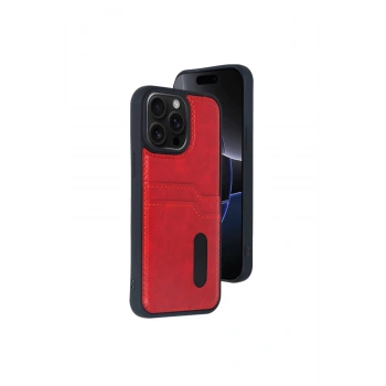İphone 15 Pro Max Kılıf Sara Kartvizitli Deri Kılıf - Kırmızı